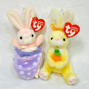 Two Ty Basket Beanies Nibbles and Petey - Easter Plush Vintage 2003